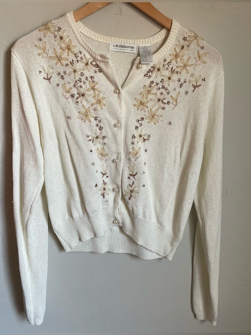 Vintage Liz Claiborne Whimsical Cream Embroidered Floral Button Cardigan